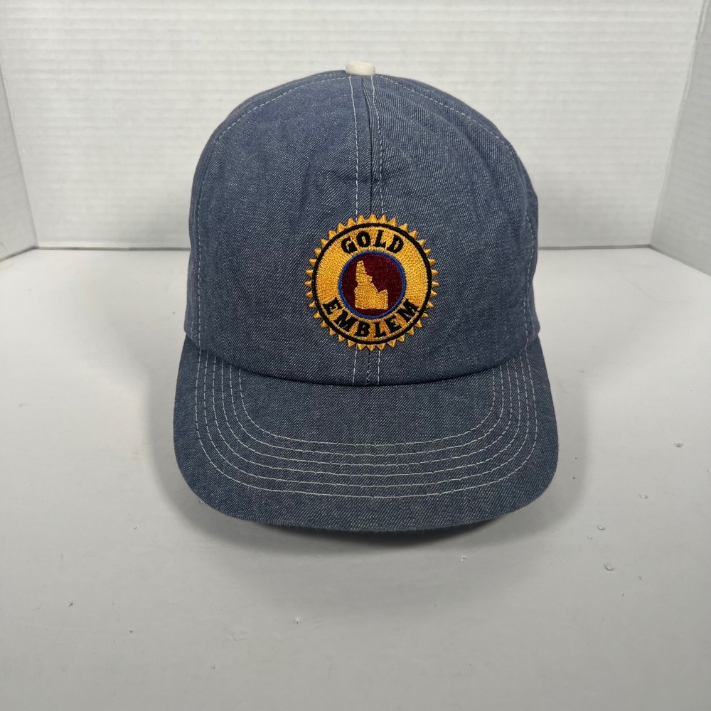 Blue Chambray Gold Emblem Snapback Hat Contrast Stitching Vintage Style